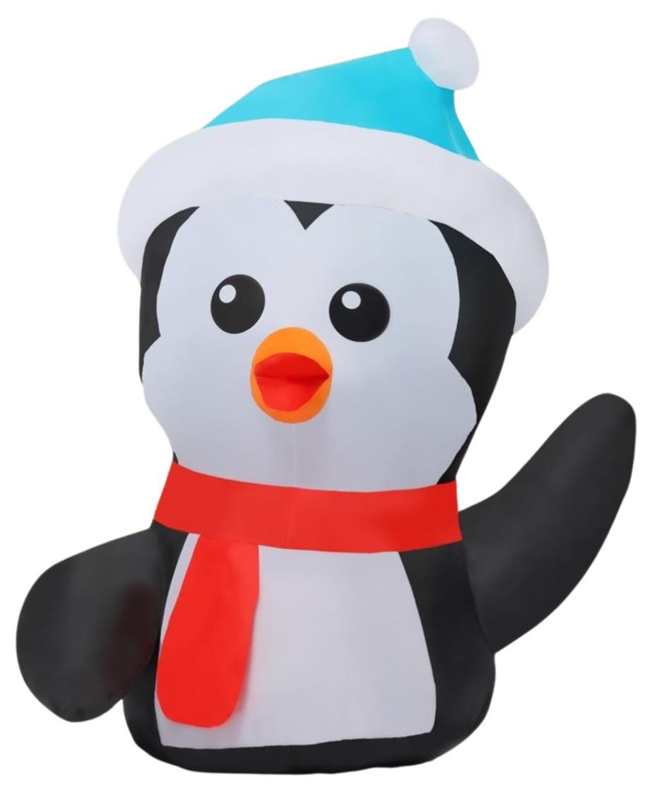 Black and white penguin inflatable wearing a red scarf and blue hat trimmed in white.