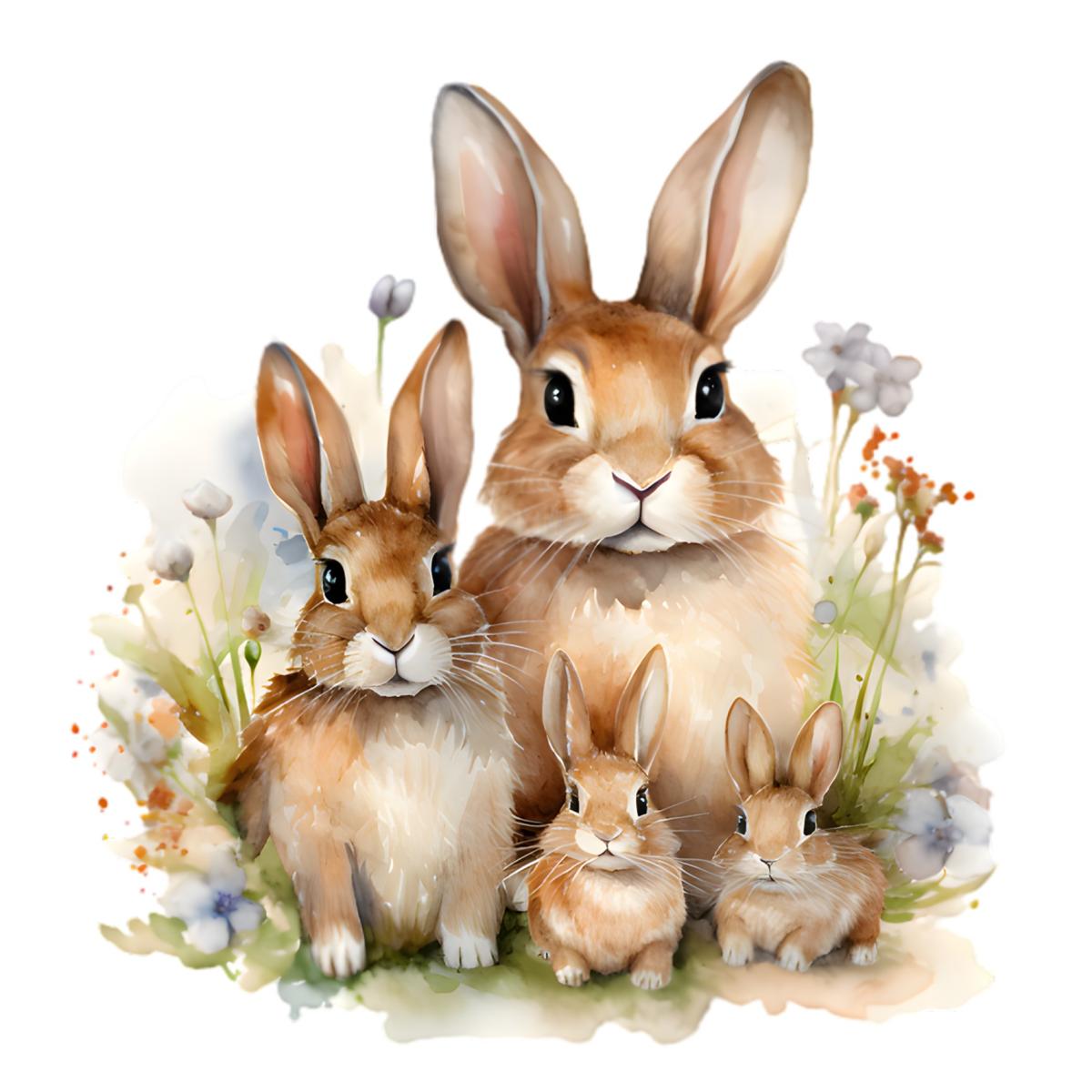 4 brown bunnies (one tall, one medium, and two babies) surrounded by flowers. 